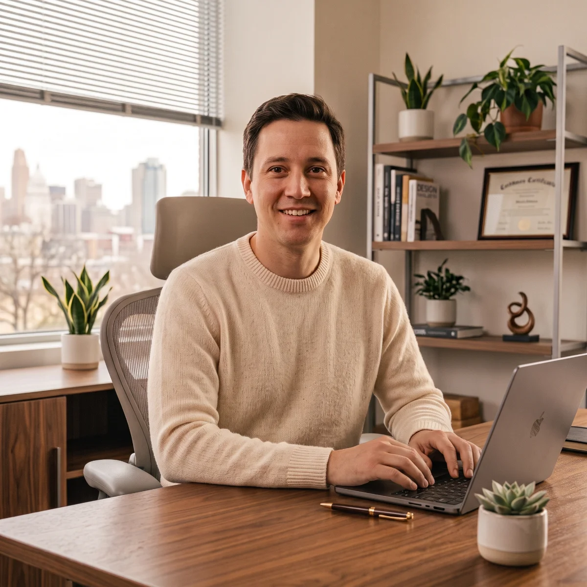 Chris Barnes at a wood desk