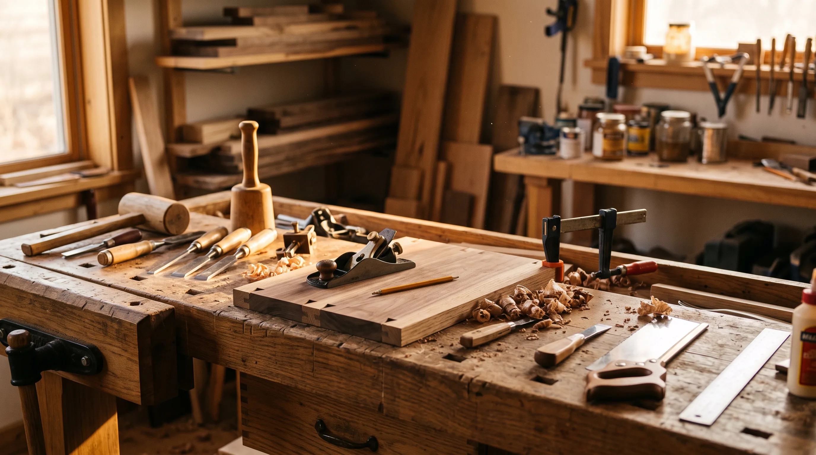 Wood workbench with maker tools